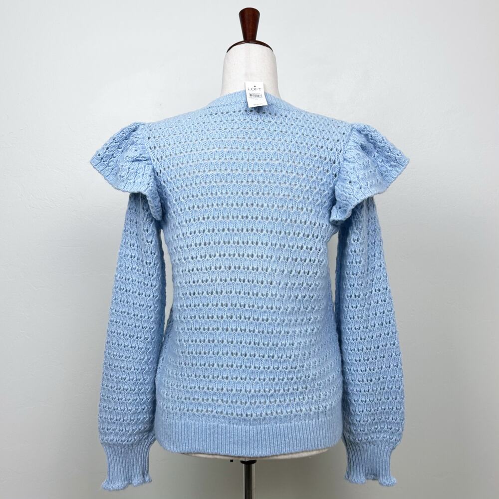 Ann Taylor LOFT Blue Pointelle Lace Knit Ruffle Feminine Long Sleeve Sweater NWT - Picture 8 of 10